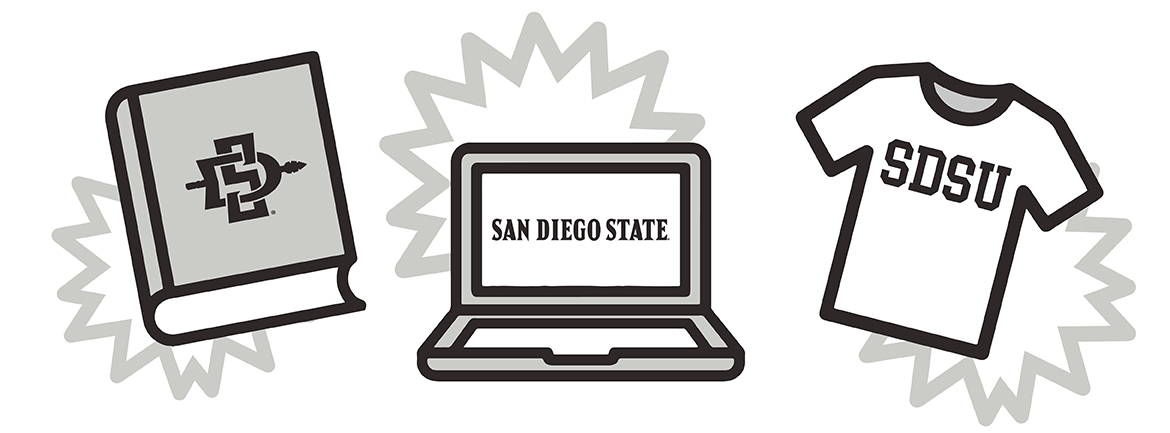 Banner of a SDSU textbook, tshirt, and laptop