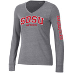Womens Long Sleeve Vneck SDSU With San Diego State Down Arm - Gray