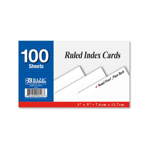 Bazic Ruled Index Card, 3 x 5 - 100 Sheets