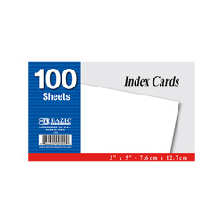 Bazic 100Ct 3" x 5" Unruled White Index Card