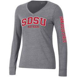 Womens Long Sleeve Vneck SDSU With San Diego State Down Arm - Gray
